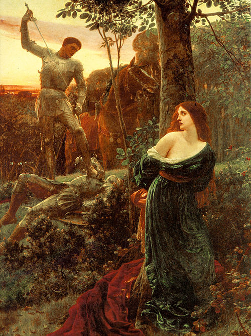 Damsel tied to a tree being rescued by a hunky knight