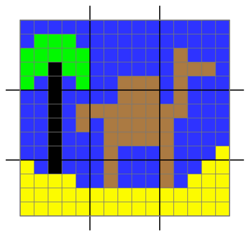 A pixelated pictures of a camel by a tree in sand dunes