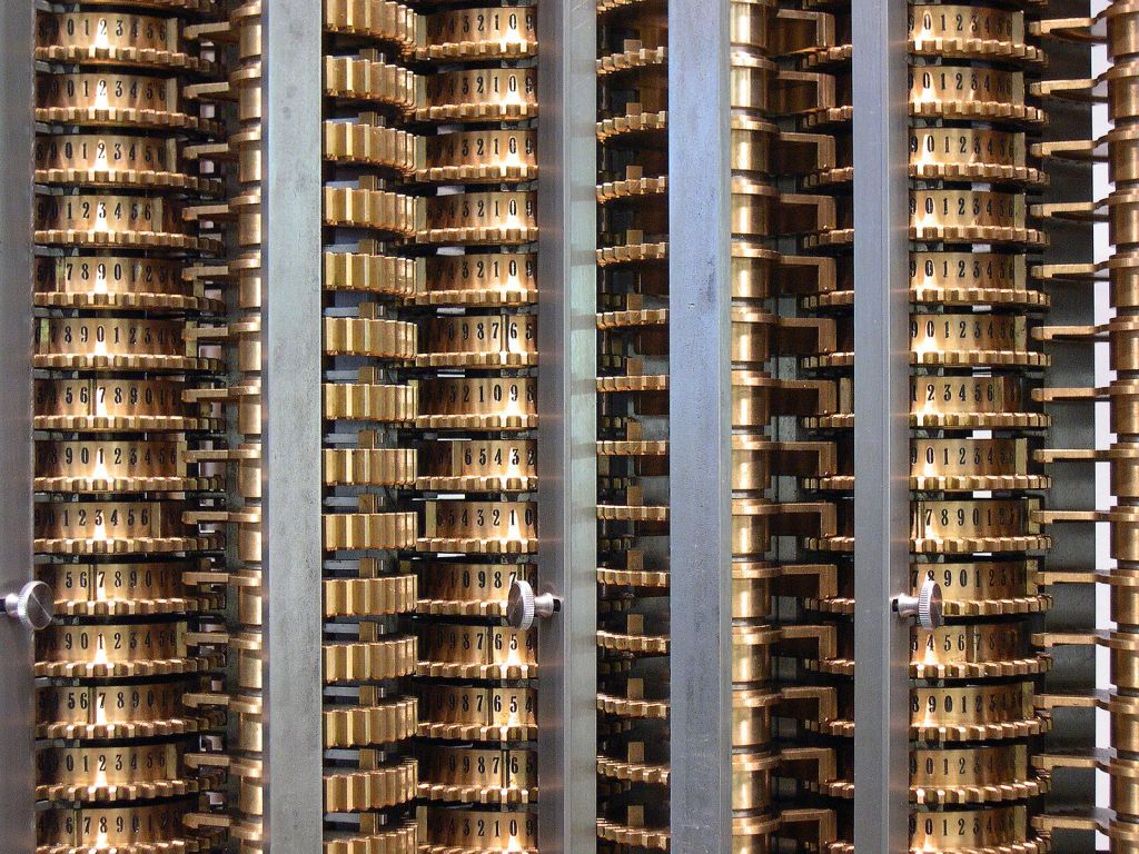 Numbers stored as columns of wheels on the replica of Babbage's Difference Engine 