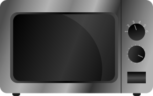An image of a microwave (cartoon), all in grey with dials and a button.
