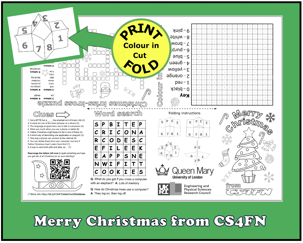 Display to showcase the CS4FN Christmas zine with a green panel
