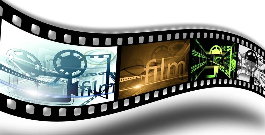 An image of a strip of film with four frames, each sayin the word Film in a different style using imagery from the film production process