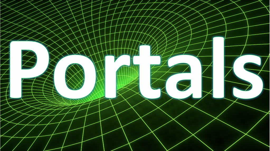 Image showing concentric luminous green circles and radial lines on a black background which converge into a central dip in the middle, to evoke a gravity well or black hole. Overlaid is white text saying Portals.