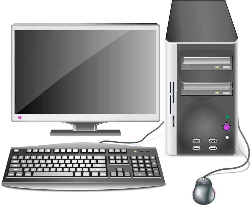 Computer with keyboard,, mouse and screen