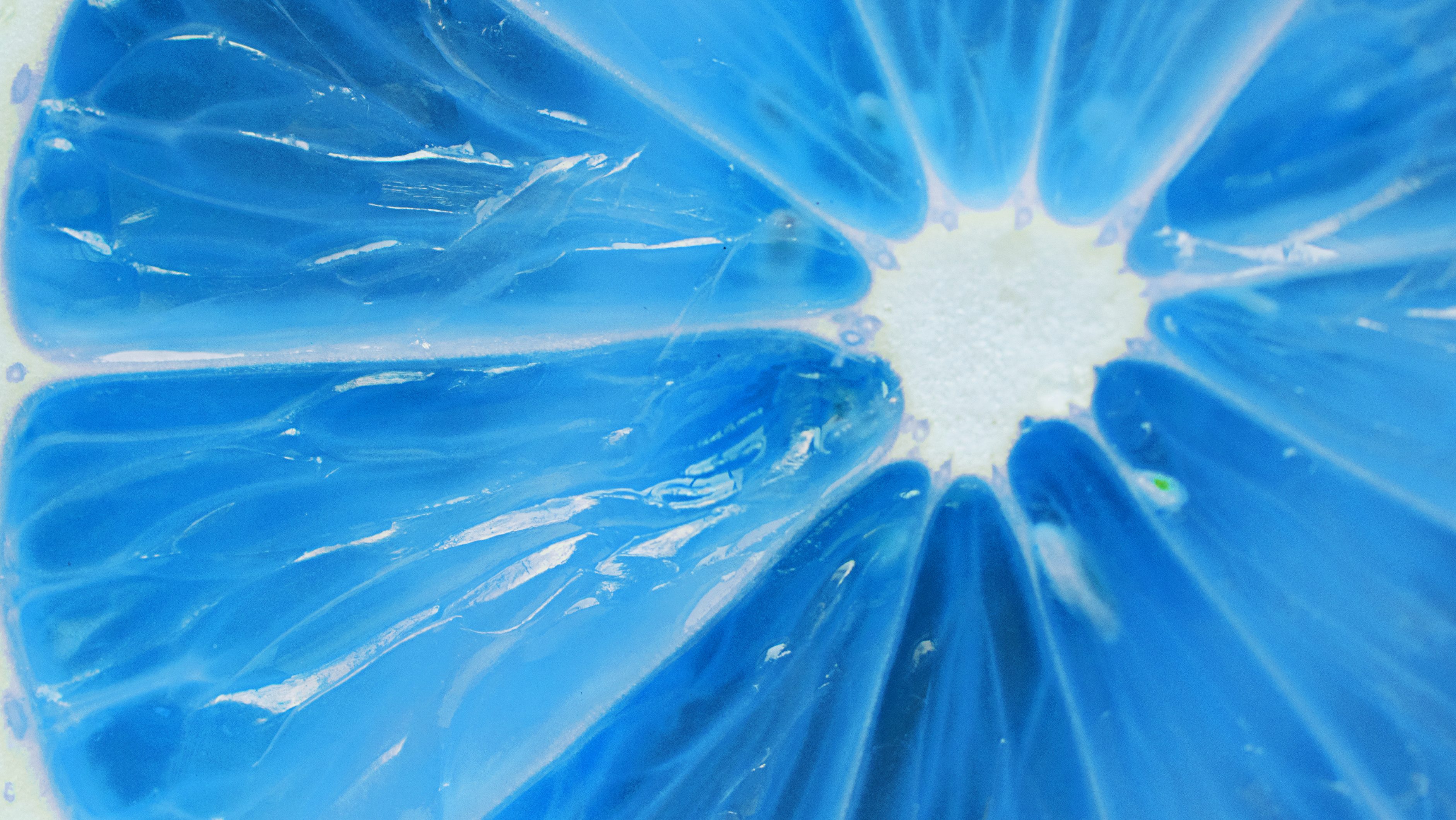 Closeup of a slice of lemon in negative filter textured background