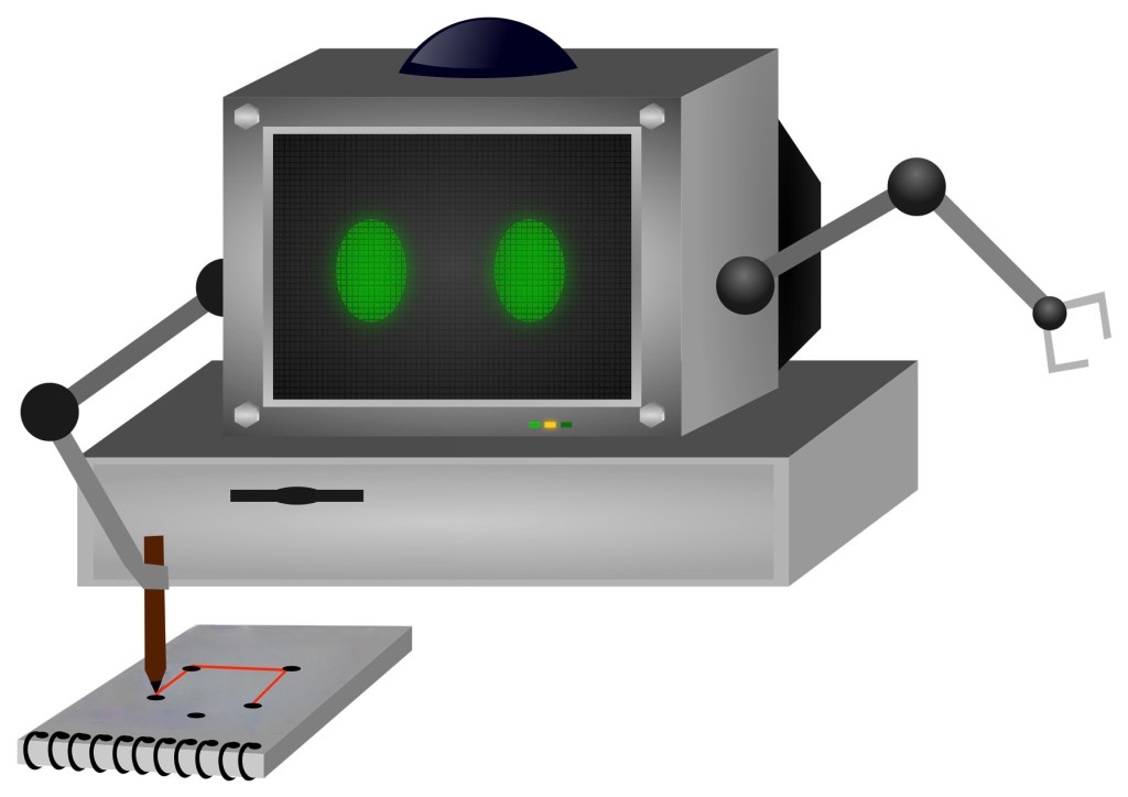 A computer with arms doing a coordinate conundrum on a pad of paper