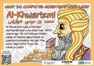 Poster of Muḥammad ibn Mūsā al-Khwārizmī with his book and counting board of coins with an arabic art background
