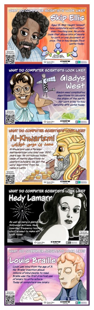 Posters of Skip Ellis, Gladys West, Al-Khwarizmi, Hedy Lamar and Louis Braille