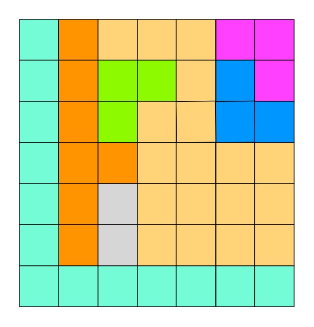 An initial Queens puzzle - an 8x8 grid with 8 territories marked out