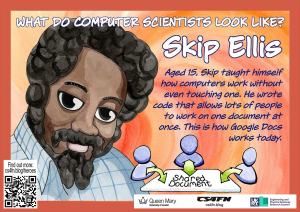 Poster of Skip Ellis with people working togetehr on a shared document