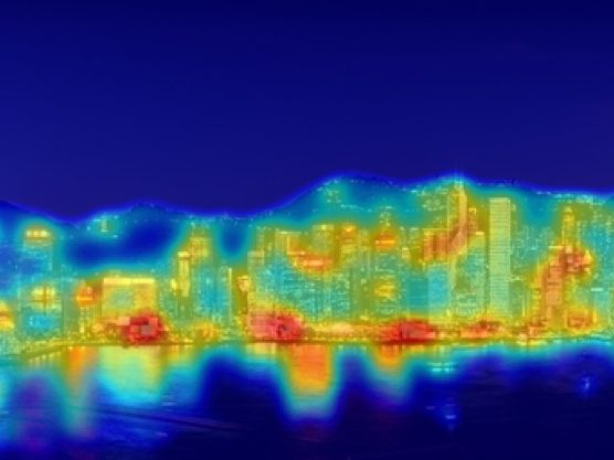 A saliency map showing where the eye is drawn to in acityscape