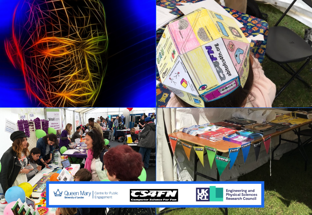 A postcard that we used at an event. It has a digital cartoon graphic of a head and face, a photograph of a small child wearing one of our brain hat 'hatagons', a photograph of one of QMUL's events and a photograph of CS4FN's table at the first Festival of Communities showing our CS4FN bunting.