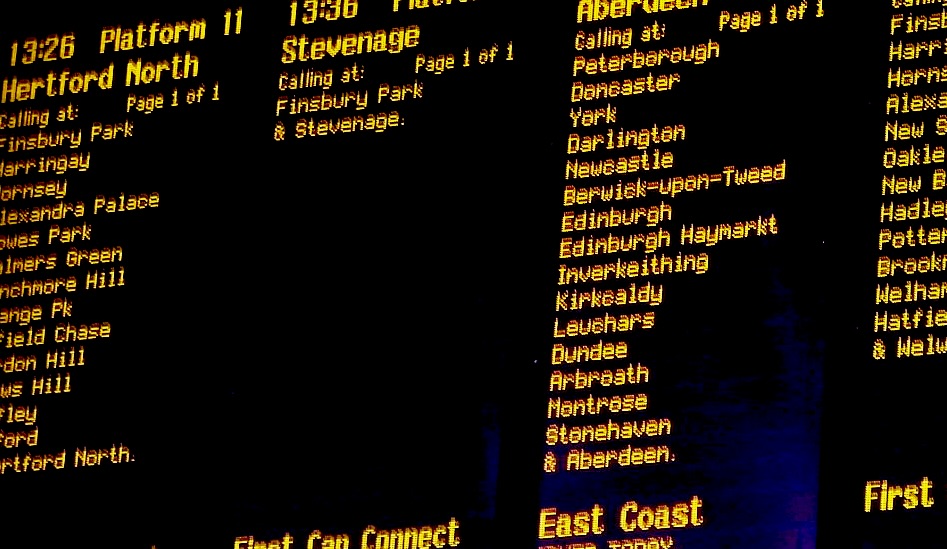 Departure Board Kings Cross showing times, platform, destinations