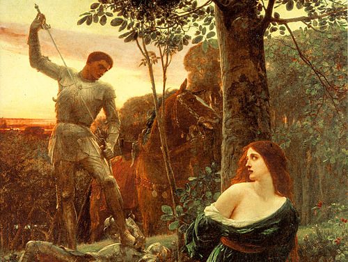 A knight slaying a dragon to save a maiden