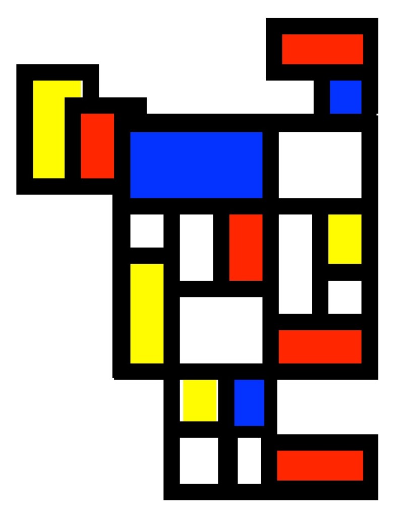 An Artificial Mondrian style picture of blocks of primary colours with blck borders.