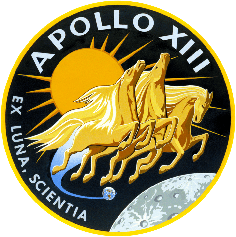 Apollo 13 Mission patch of three golden horses travelling from Earth to the moon