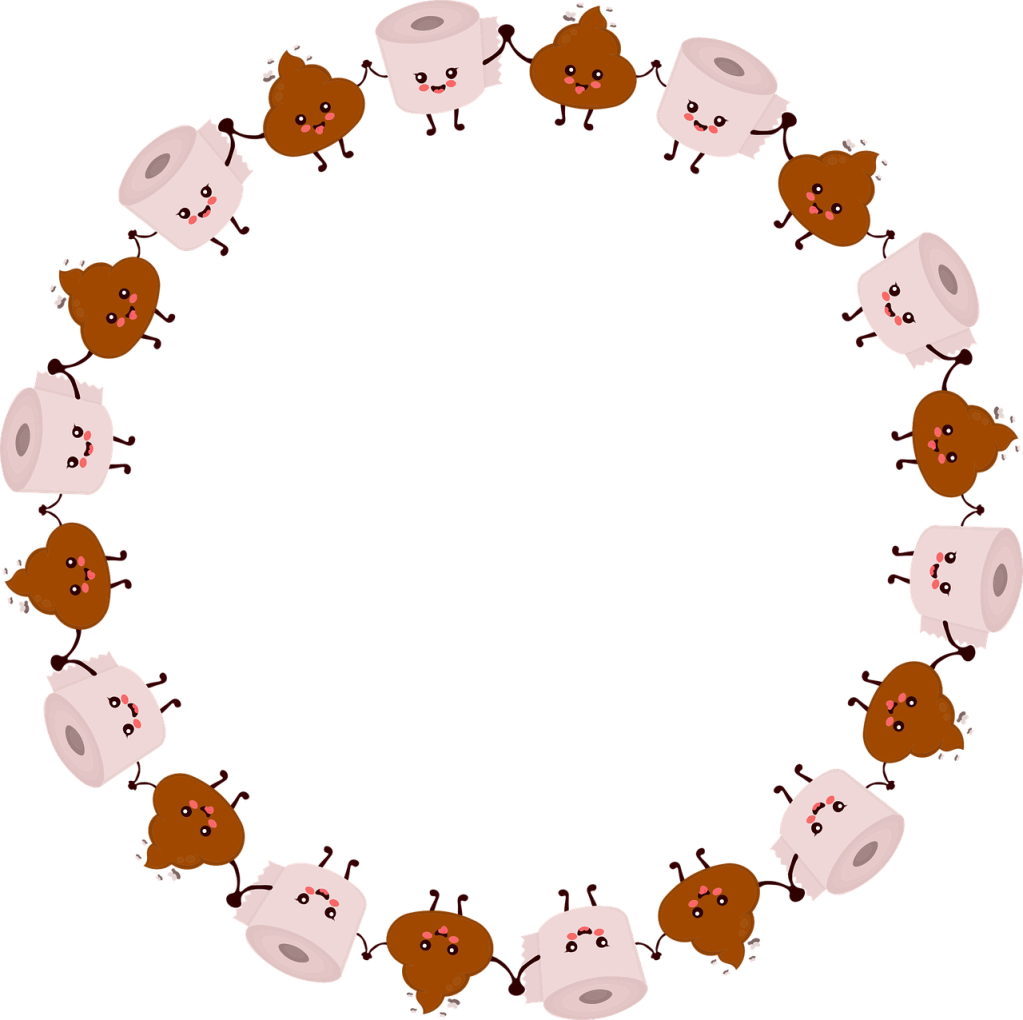 Lots of poo and toilet roll holding hands in a circle celebrating