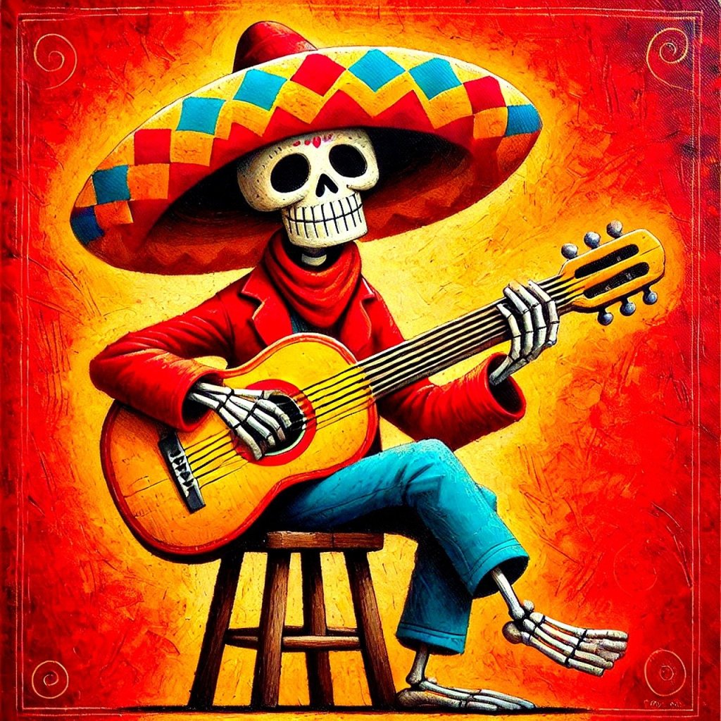 An AI generated image of a skeleton wearing a red, blue and yellow sombrero hat, sitting on a stool while playing a guitar against a colourful red and yellow background.