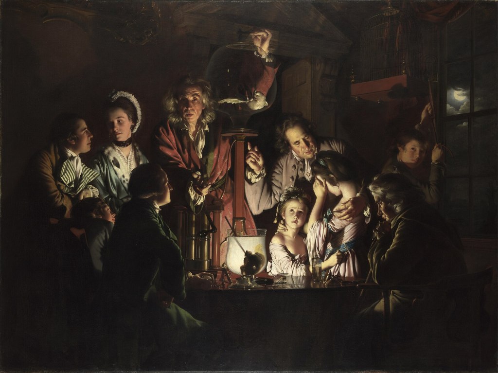 A group gathered round an experiment removing air from a flask containing a bird, lit by candle and moonlight.