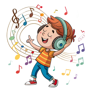 A boy ith headphones with music swirling round