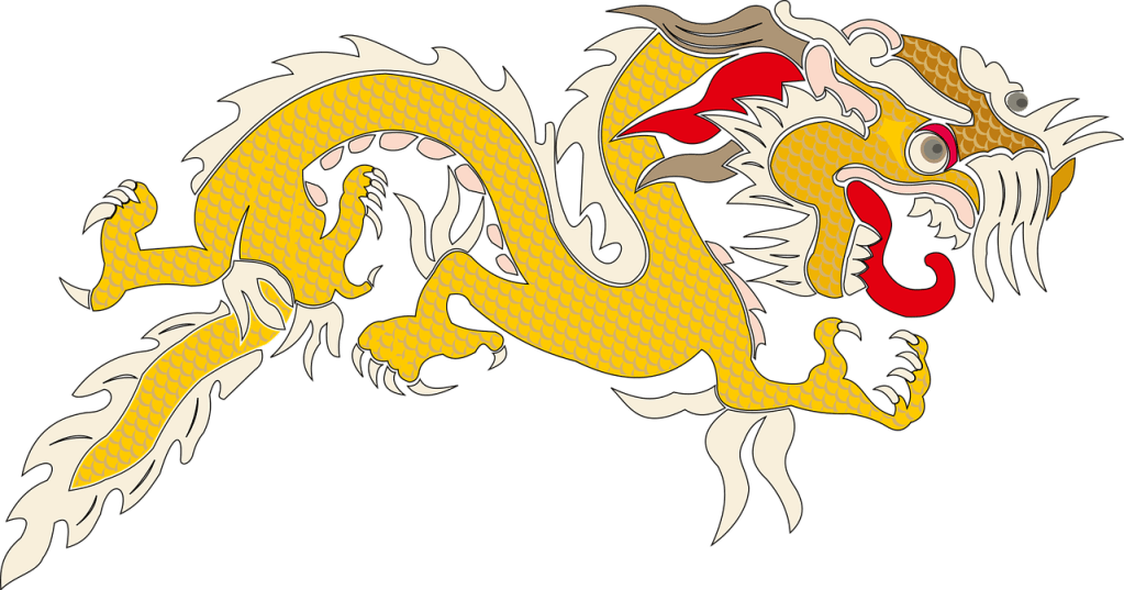 A cartoon drawing of a dragon in a Chinese style with a yellow body and a red tongue.