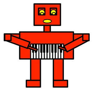 A red robot with a keyboard stomach playing it.