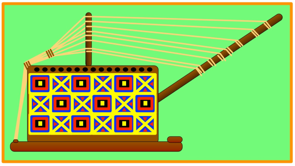 A view of a historical seperewa instrument side-on showing a large sounding box with strings attached to a neck, and stretched taut for playing.