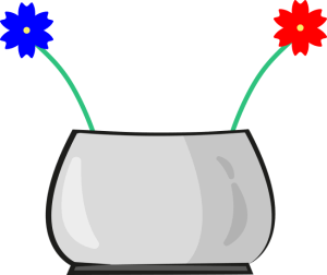 A red and blue flower in a vase