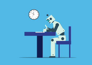 Robot sitting at a desk doing an exam